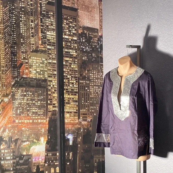 TORY BURCH - top: l/s navy 3/4 slv w silver sequin accents on neck & cuffs - 10 - Picture 5 of 16